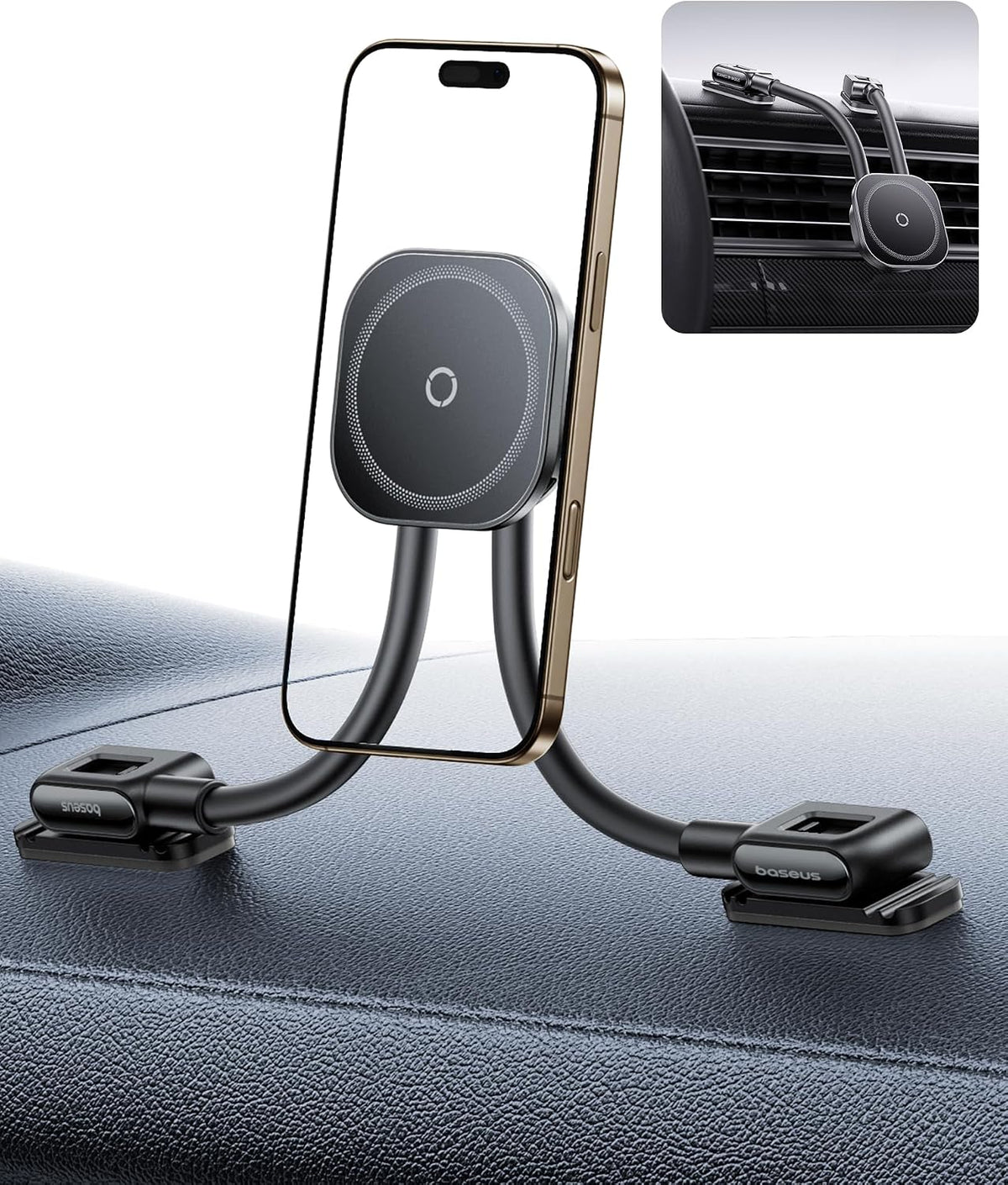 Baseus C03s Magnetic Car Phone Holder, Magsafe Car Phone Holder with 2 Flexible Arms, Suitable for All Scenarios, Universal 20N Car Holder — Black