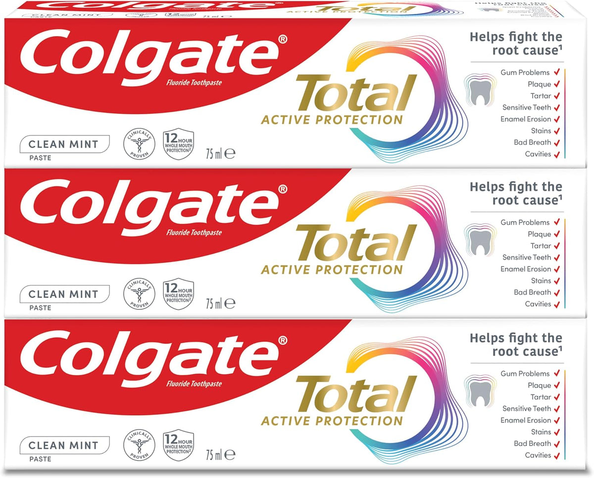 Colgate Total Active protection, toothpaste, Clean Mint, Helps stop problems before they start, 3x75ml — front product image