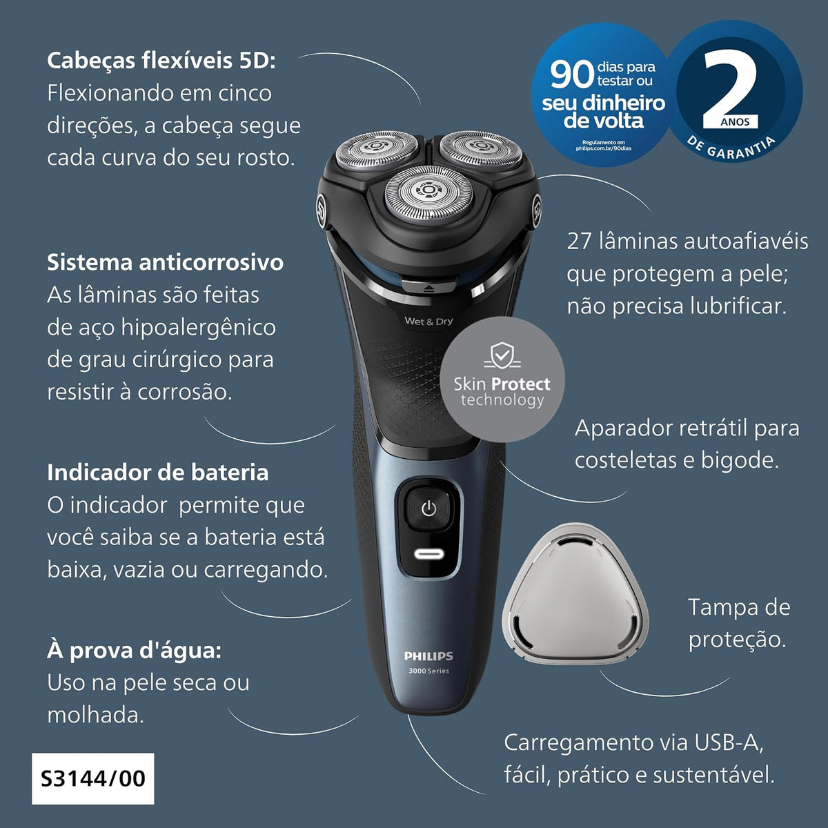Philips Shaver 3000 Series Wet & Dry Electric Shaver S3144/00. — Blue