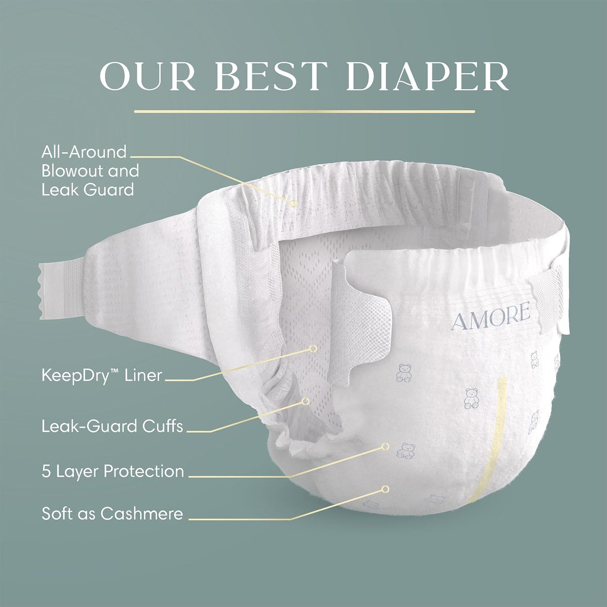 Pampers Amore, Size 3 (13-26 lbs), 66 Count, Our Best Diaper – Hypoallergenic & Fragrance Free, Up to 100% Leakproof, Soft as Cashmere