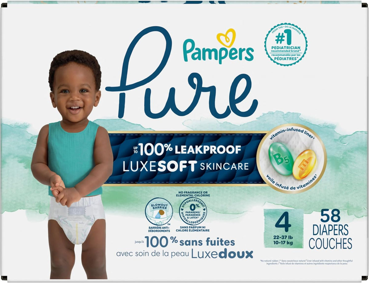 Pampers Pure Protection Diapers - Size 4, 58 Count, Hypoallergenic Premium Disposable Baby Diapers (Packaging May Vary)
