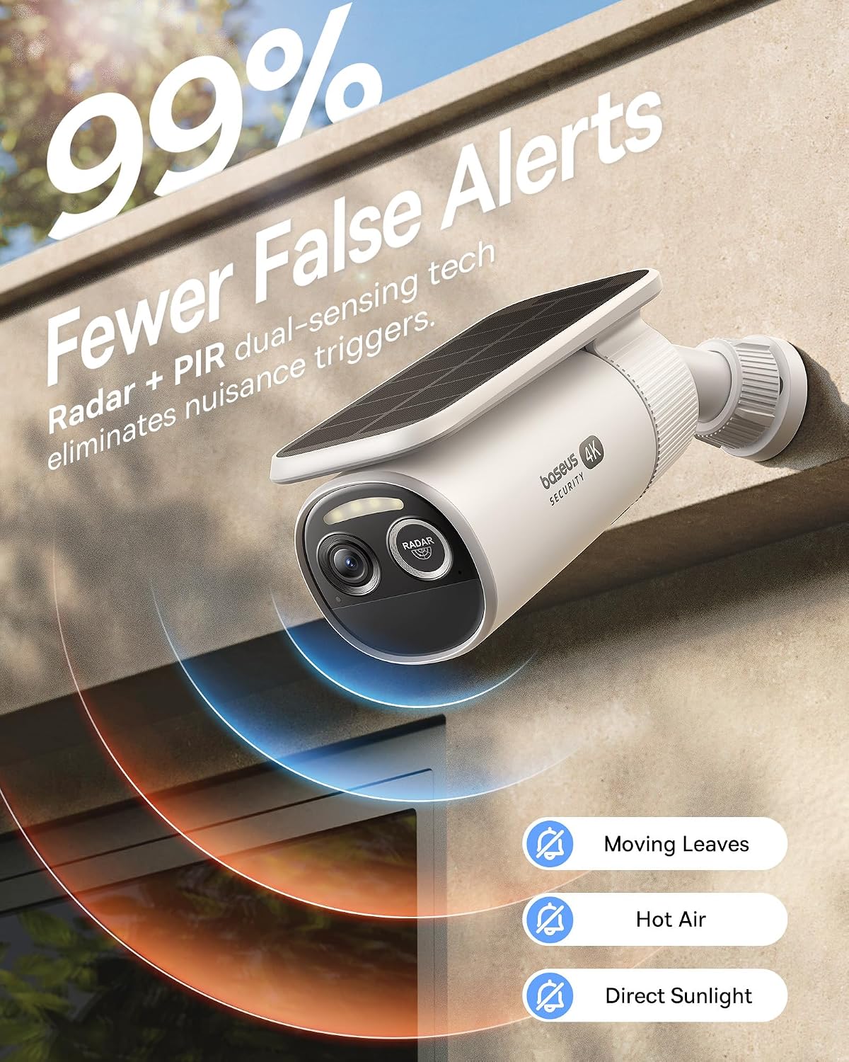 Baseus S2 4K Solar Security Cameras Wireless Outdoor - Radar+PIR Detection, AI Face Recognition, Auto Sunlight-Tracking, Color Night Vision, IP67, No Monthly Fee, Local Storage — 4K-Solocam — White