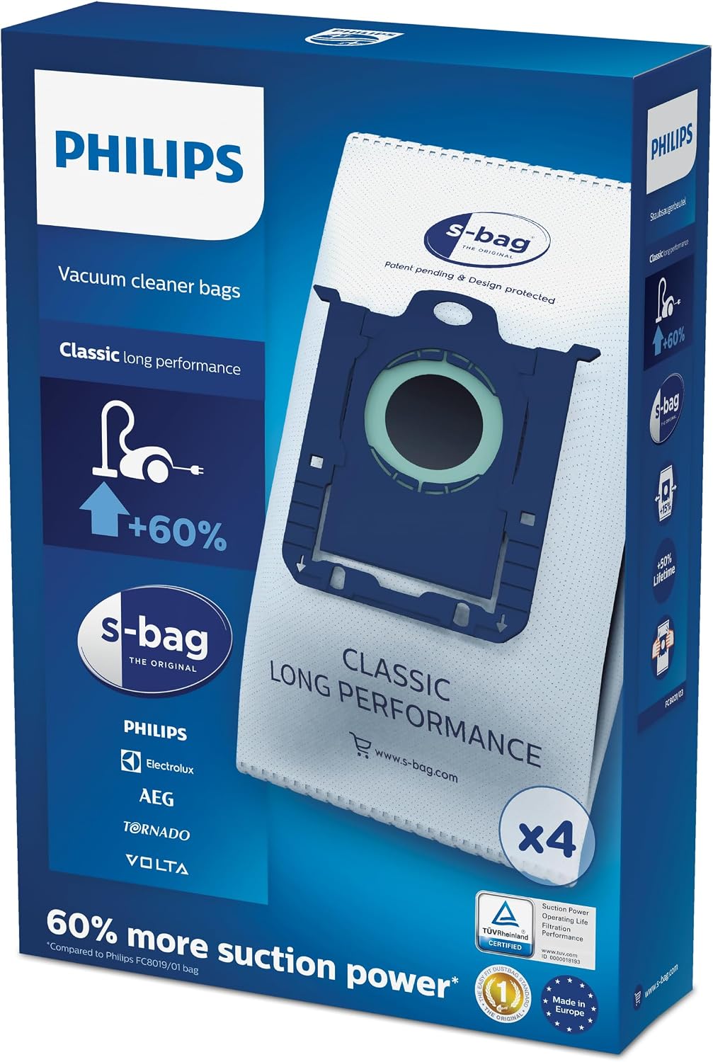 Philips S-Bag Vacuum Cleaner Bags, 4 Pieces, 3L Dust Capacity Each — Black