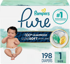 Pampers Diapers Size 1, 198 Count - Pure Protection Disposable Baby Diapers, Hypoallergenic and Unscented Protection, ONE Month Supply (Packaging May Vary)