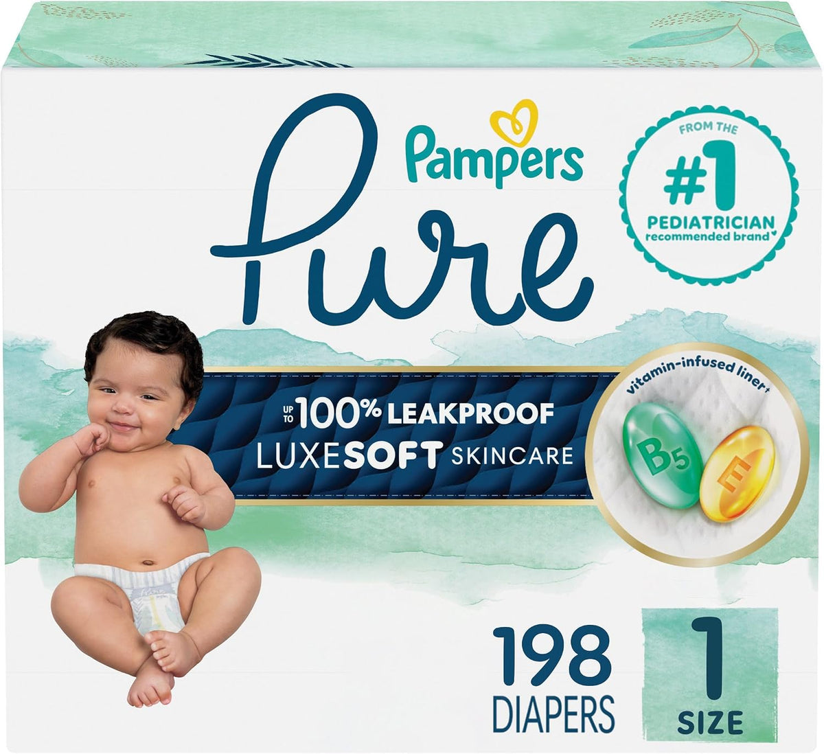Pampers Diapers Size 1, 198 Count - Pure Protection Disposable Baby Diapers, Hypoallergenic and Unscented Protection, ONE Month Supply (Packaging May Vary)