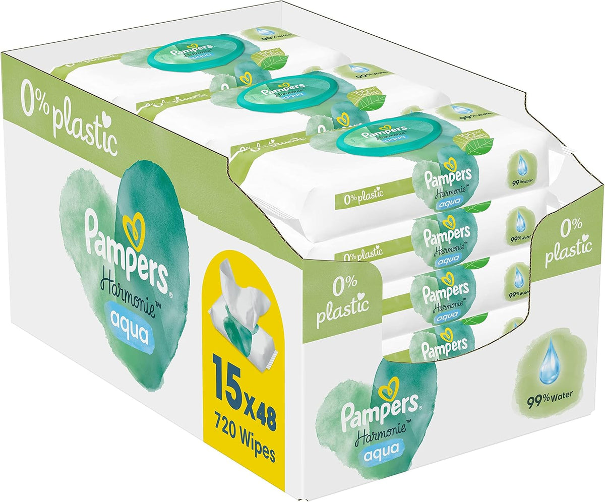 Pampers Harmonie Aqua Wet Wipes 15 Packs of 48 Wet Wipes - 720 Wet Wipes that Help Restore Skin's Natural pH Value Lightweight Lotion with 99% Water