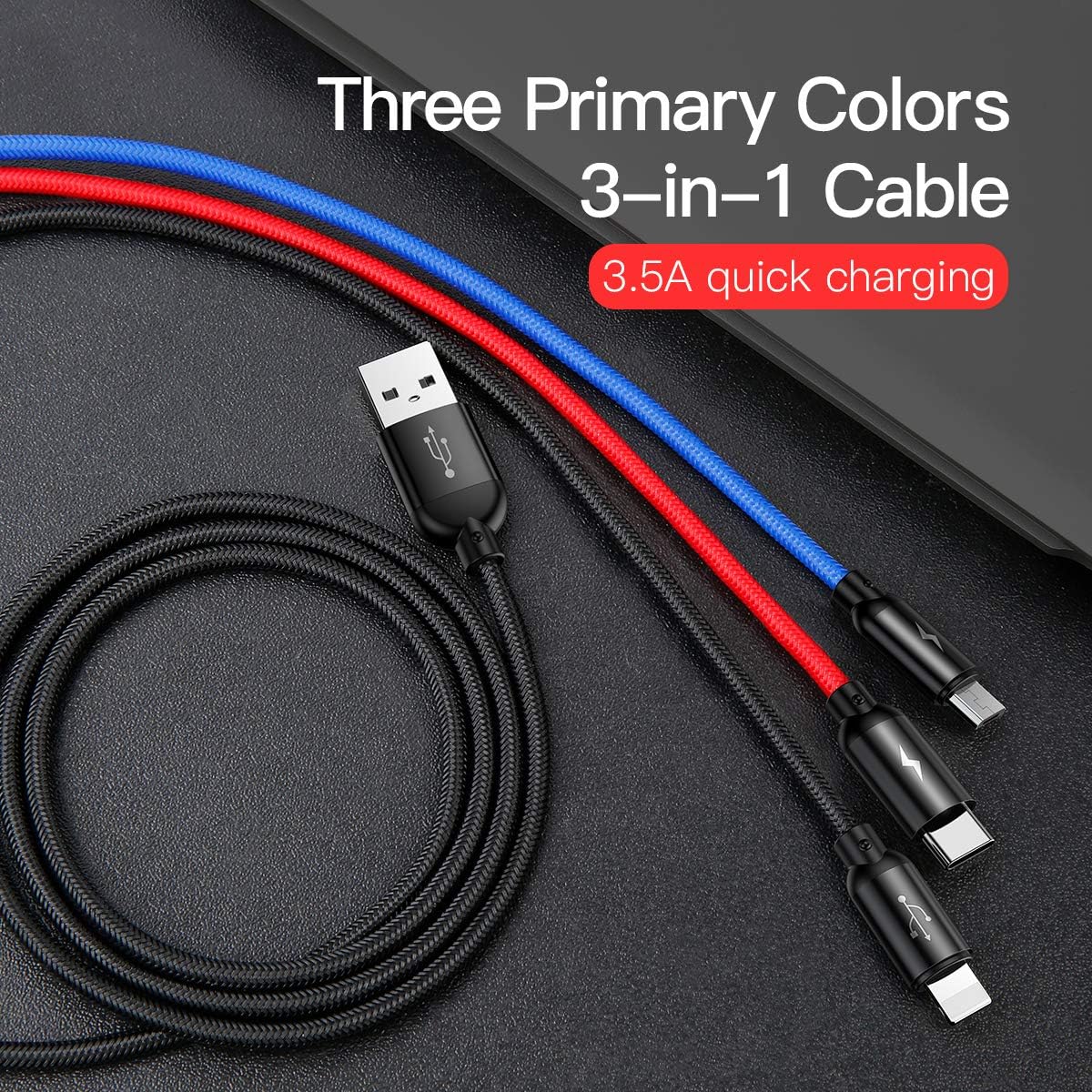 Baseus 3 in 1 USB Charging Cable Lighting Micro and Type C Three Primary Colors Data Sync Quick Charging — 30 Centimeters — Black