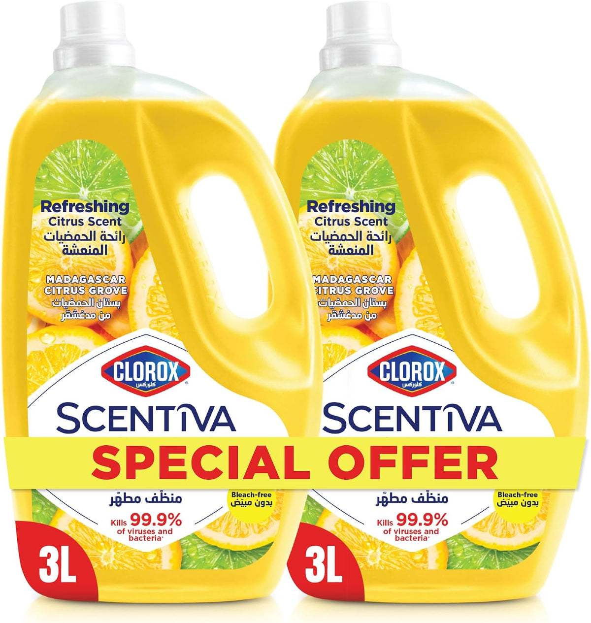 Clorox Scentiva Disinfectant Floor Cleaner 3L Dual Pack, Madagascar Citrus Grove, Bleach Free — front product image