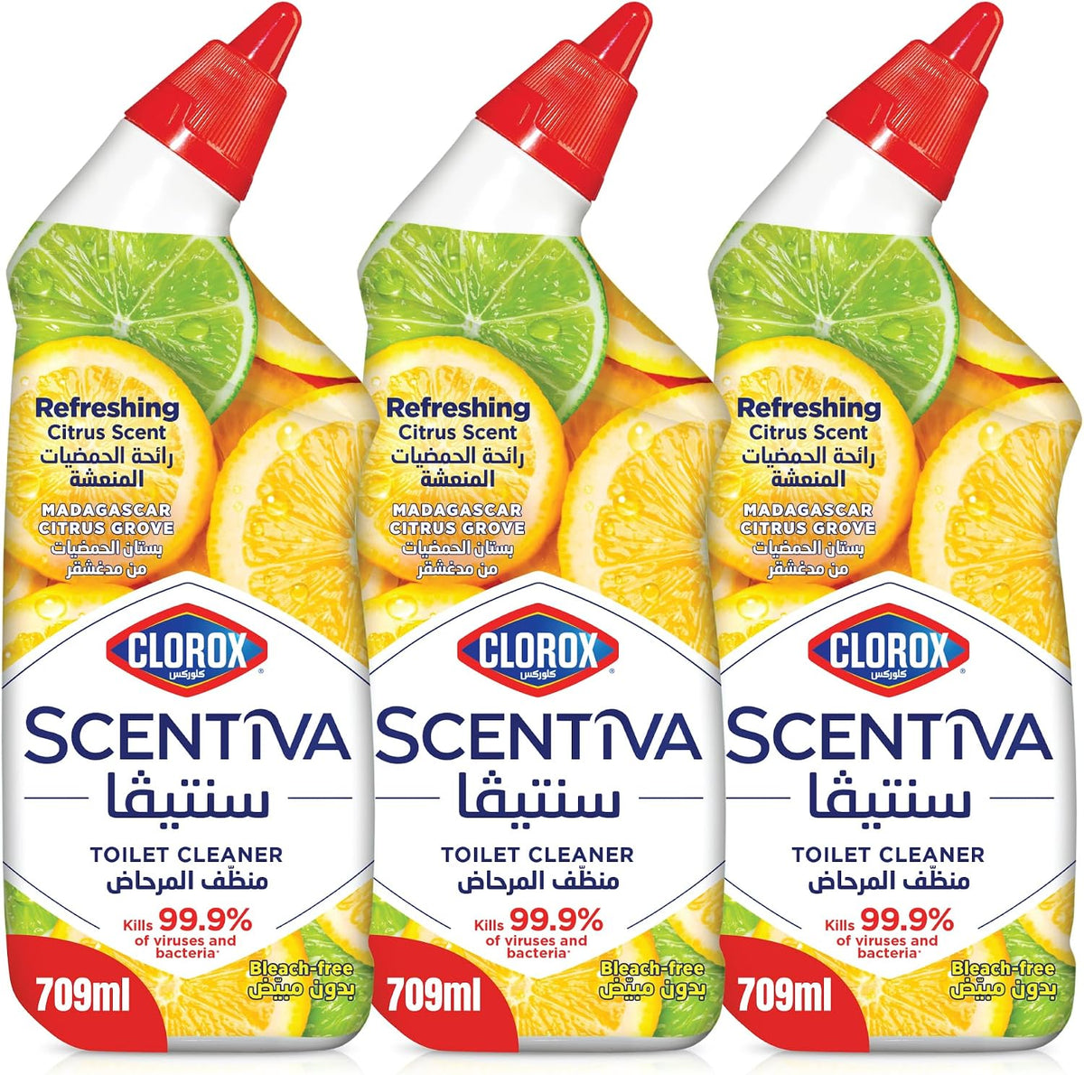 Clorox Scentiva Toilet Cleaner Triple Pack 709 ml, Madagascar Citrus Grove, Bleach Free, Kills 99.9% of Viruses and Bacteria — front product image