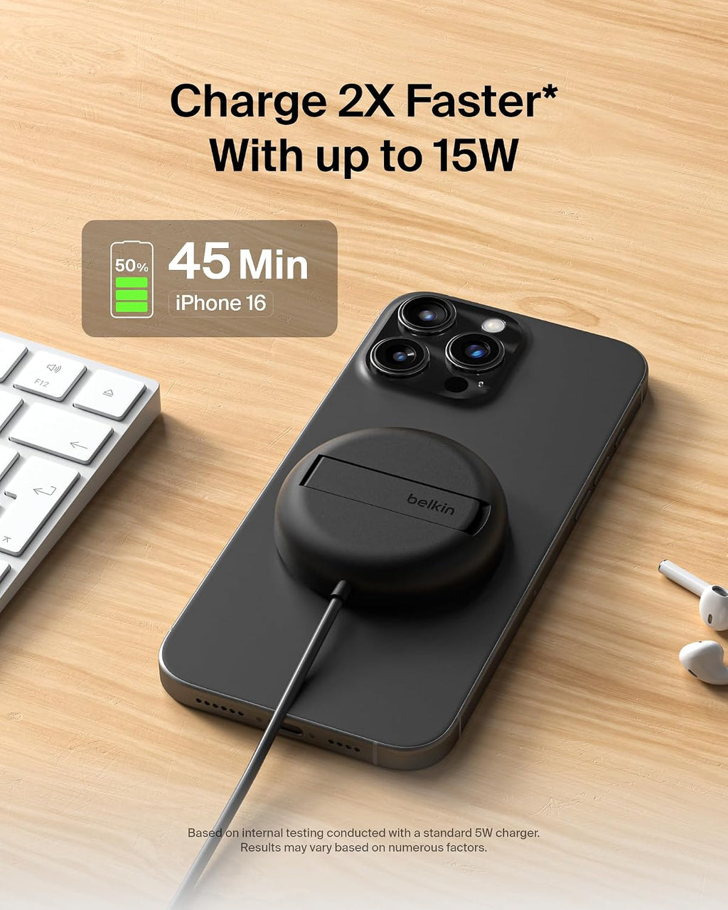 Belkin Magnetic Wireless Charging Pad 15W w/Pop-Up Stand - MagSafe-Compatible Qi2-Certified Wireless Charger for iPhone 16 Series, Samsung Galaxy S25 Series, AirPods