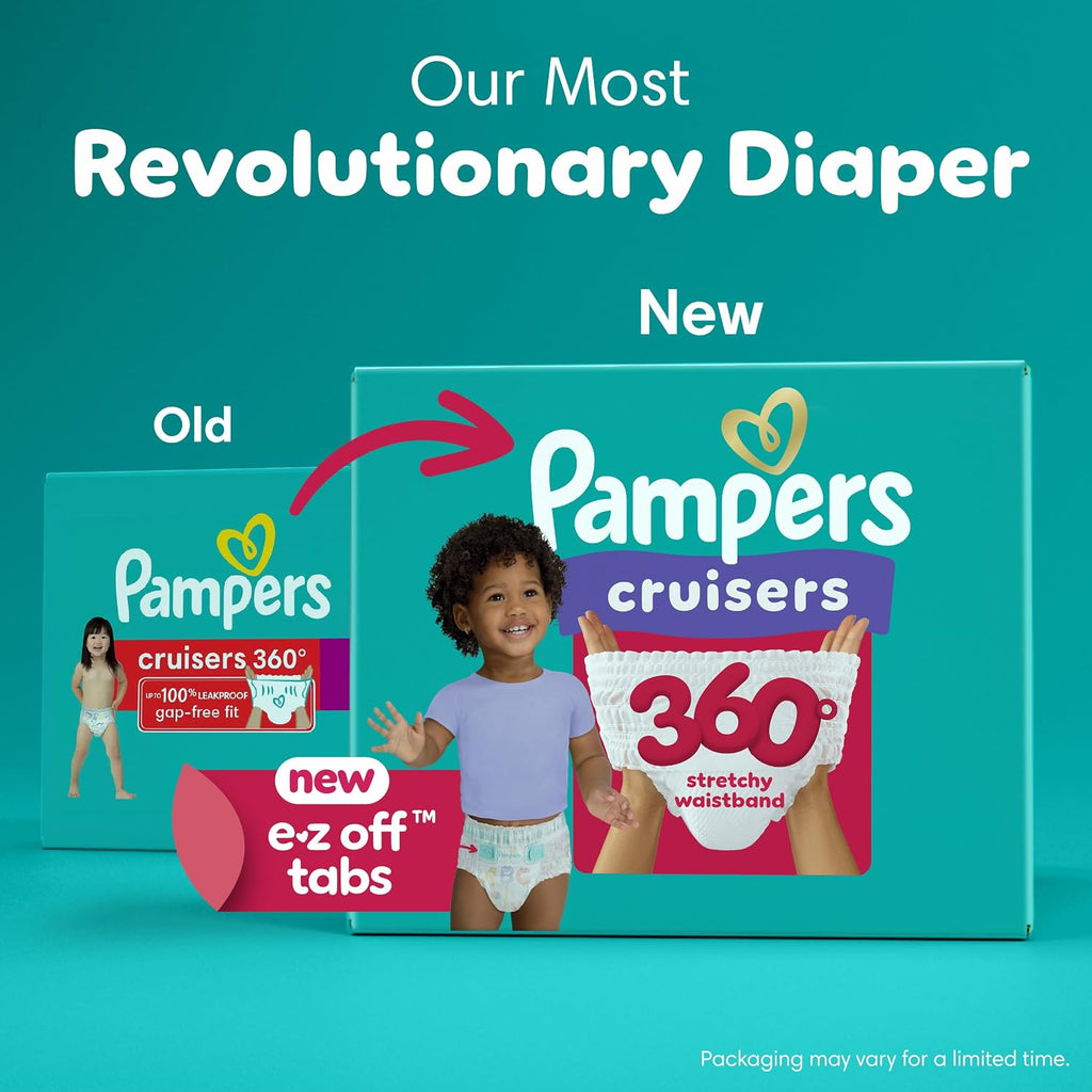 Pampers Diapers Size 6, 104 Count - Pull On Cruisers 360° Fit Disposable Baby Diapers with Stretchy Waistband, (Packaging & Prints May Vary)