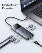 Baseus USB C Hub 10Gbps Adapter with LAN Ethernet, 4K @ 60Hz HDMI, 2 USB-A, USB-C, 100W PD, 6-in-1 USB Docking Station — Metallic Red