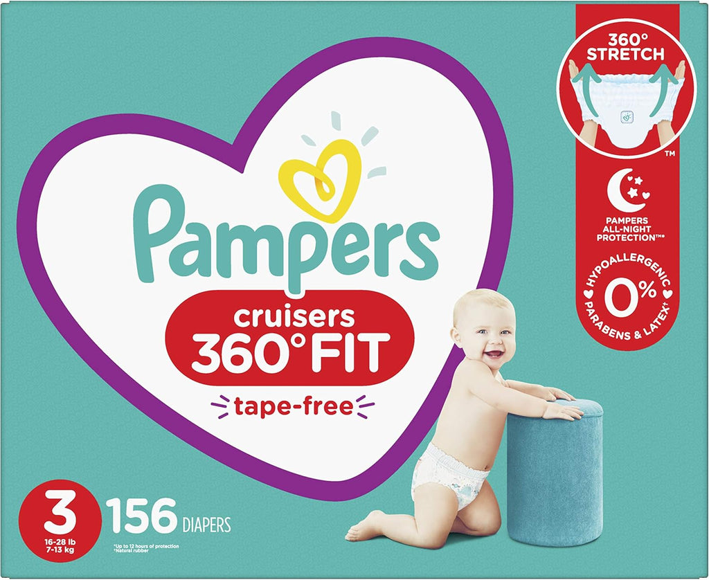Diapers Size 3, 156 Count - Pampers Pull On Cruisers 360 degree Fit Disposable Baby Diapers with Stretchy Waistband, ONE MONTH SUPPLY (Packaging May Vary)