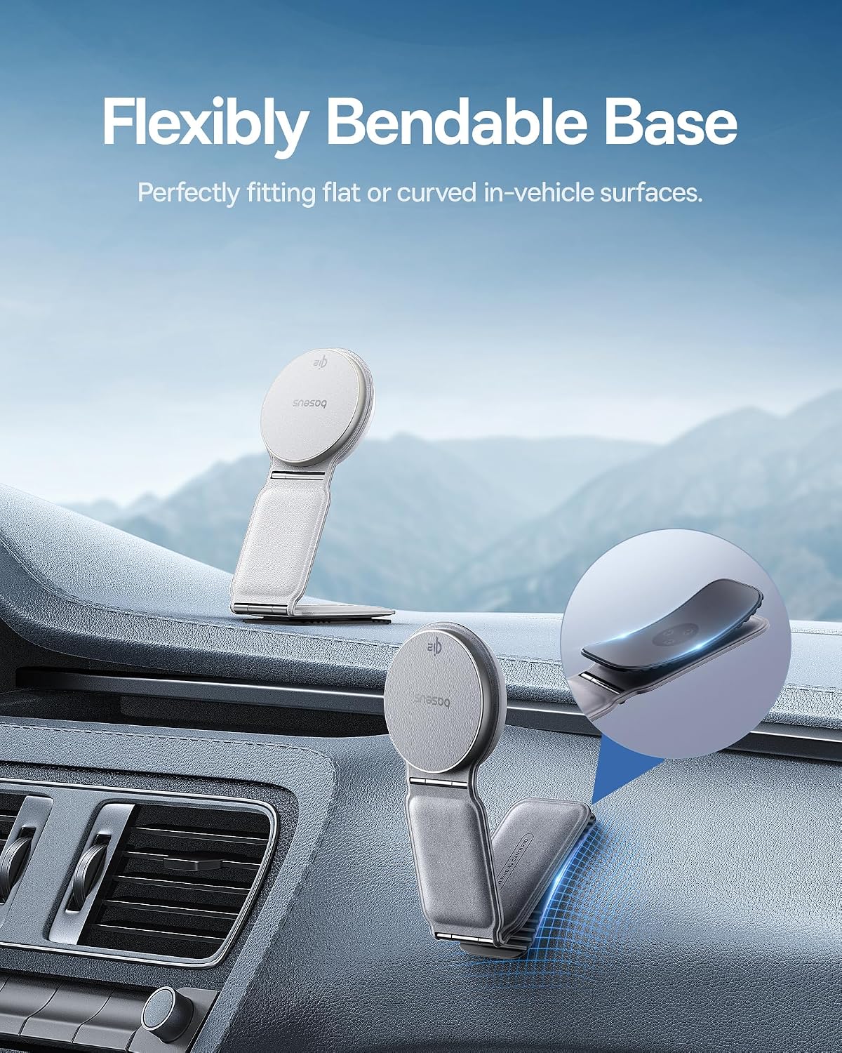 Baseus C02 Mega Qi2 Certified 15W MagSafe Car Charger Mount, Foldable Magnetic Phone Holder for Dashboard, 360° Rotatable Base — Frosted Grey
