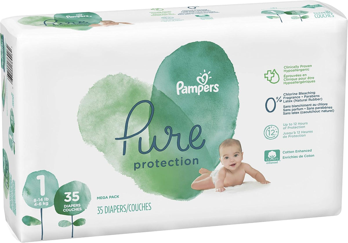 Pampers Pure Disposable Baby Diapers, Hypoallergenic and Fragrance Free Protection, Size 1 (8-14 lb), 35 Count