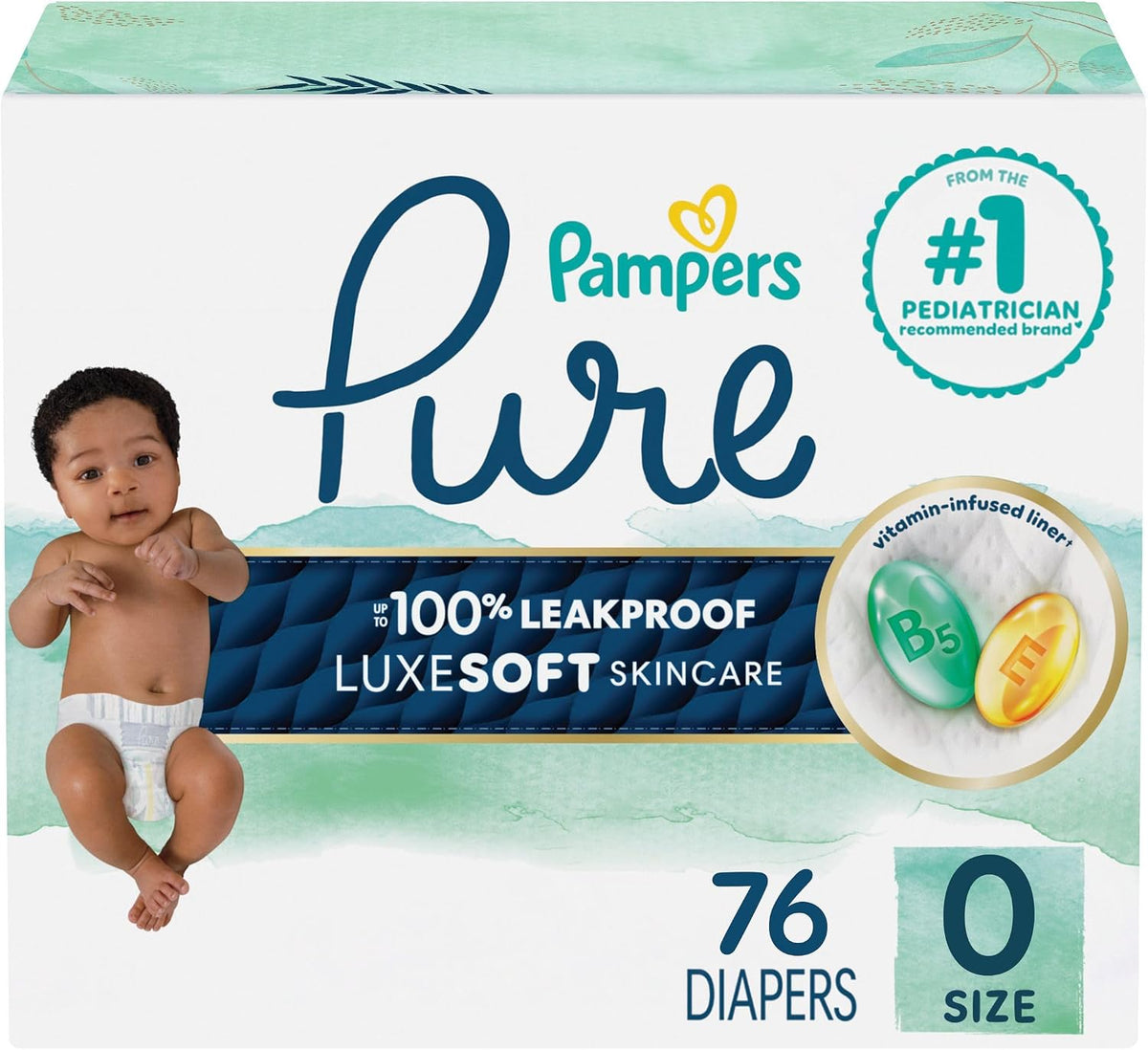 Pampers Diapers Newborn/Size 0 (<10 lb), 76 Count - Pure Protection Disposable Baby Diapers, Hypoallergenic and Unscented Protection, Super Pack (Packaging & Prints May Vary)