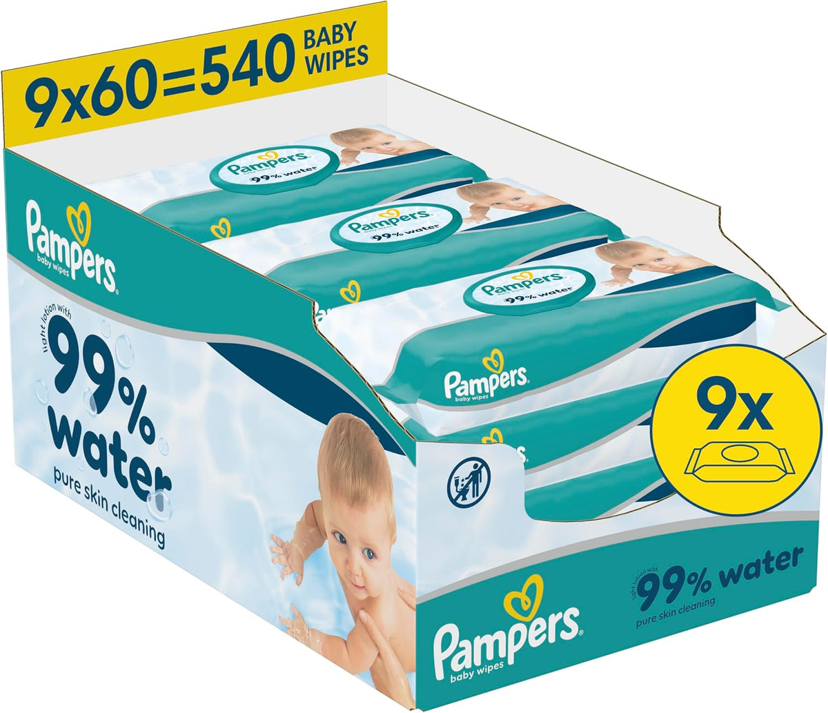Pampers 99% Water Baby Wipes, 9 Packs of 60 Wet Wipes = 540 Baby Wipes, Light Lotion with 99% Water