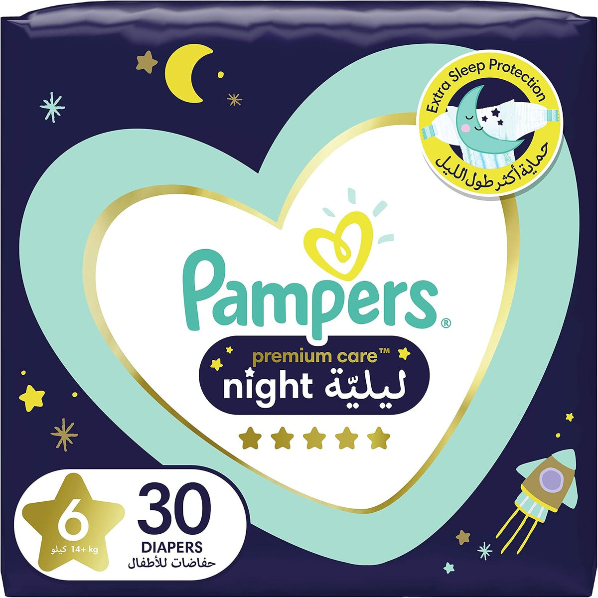 Pampers Premium Care Extra Sleep Protection Night Diapers, Size 6, 14+Kg, 30 Diaper Count
