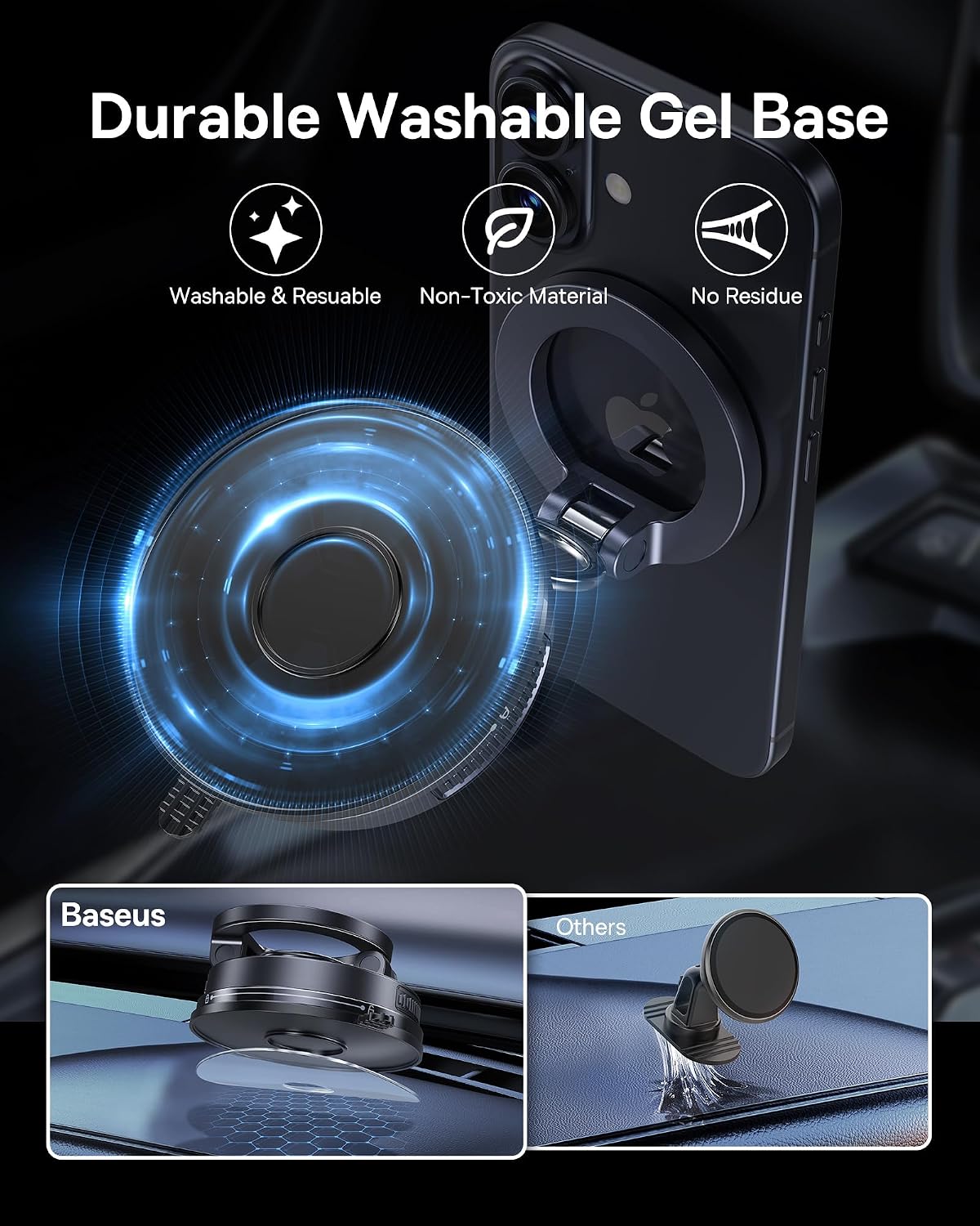 Baseus for Magsafe Car Mount, Vacuum 119LBS Magnetic Suction Cup Phone Holder for Car, 720° Adjustable Foldable Cell Phone Holder with Reusable Washable Gel for Car &