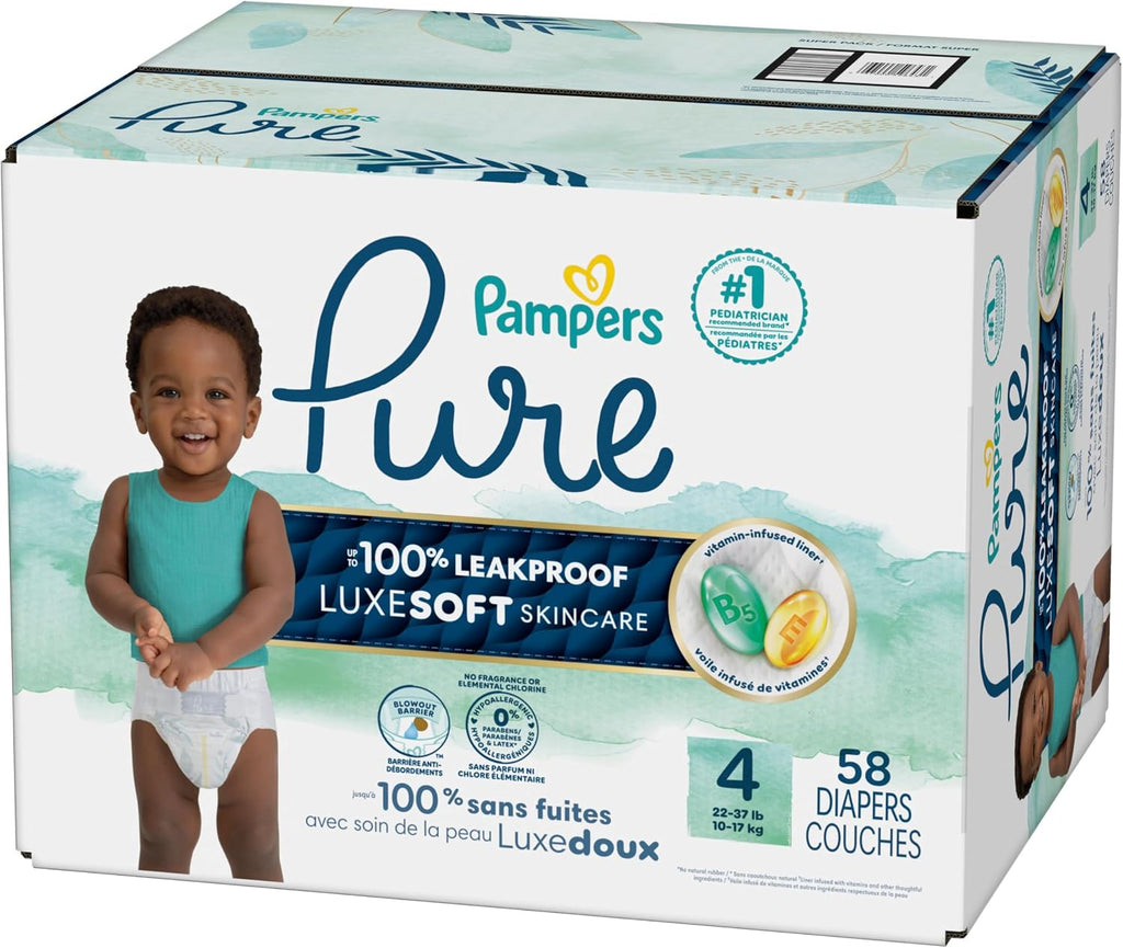 Pampers Pure Protection Diapers - Size 4, 58 Count, Hypoallergenic Premium Disposable Baby Diapers (Packaging May Vary)