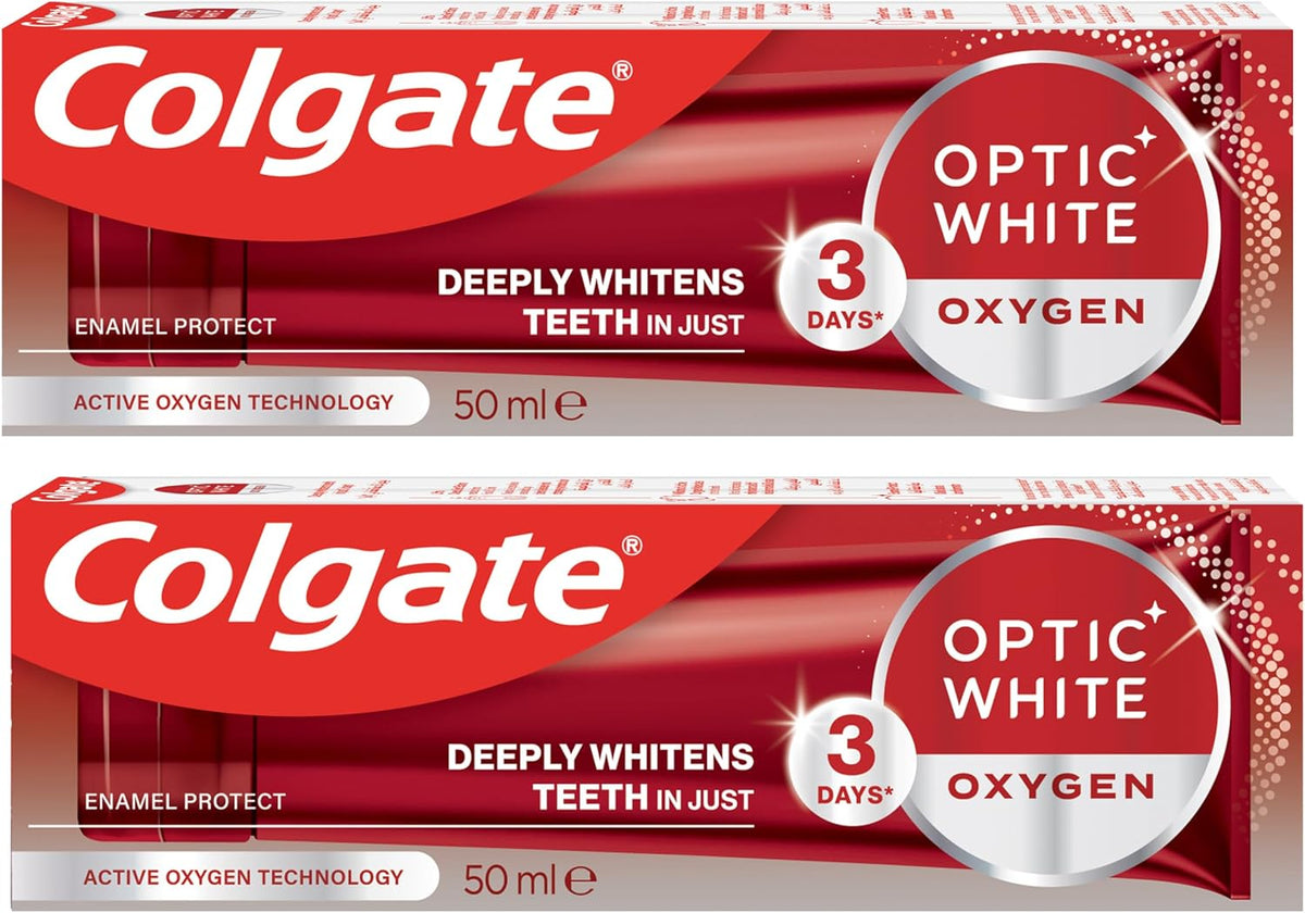 Colgate Toothpaste Optic White Oxygen, Teeth Whitening Toothpaste, Whiter Teeth in Just 3 Days, 2x50 ml, 2 pack — front product image