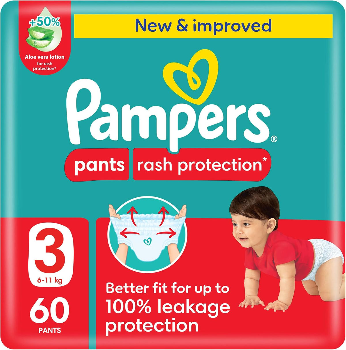 Pampers Rash Protection Pants Diapers, Size 3, 6-11kg, +50% Aloe Vera Lotion, 360° Leak-Free Fit for up to 100% Leakage Protection, Mega Pack, 60 Count