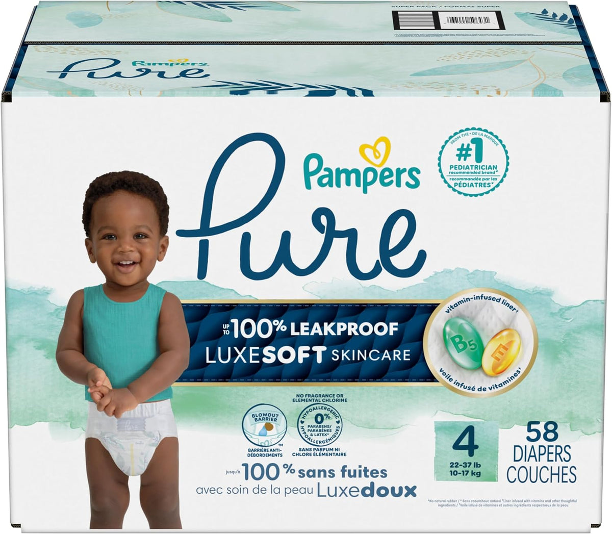 Pampers Pure Protection Diapers - Size 4, 58 Count, Hypoallergenic Premium Disposable Baby Diapers (Packaging May Vary)