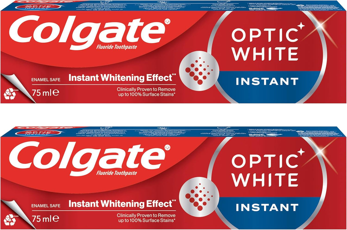 Colgate Optic White Instant Whitening Toothpaste - Fluoride Formula, Enamel Safe for Daily Use, 2x75ml, 2 Pack — front product image