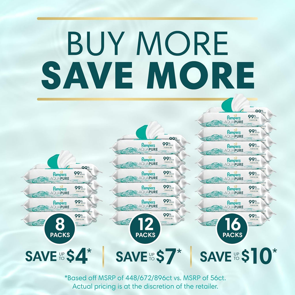 Pampers Aqua Pure Sensitive Baby Wipes, 99% Water, Hypoallergenic, Unscented (896 Count, 16 Flip-Top Packs)