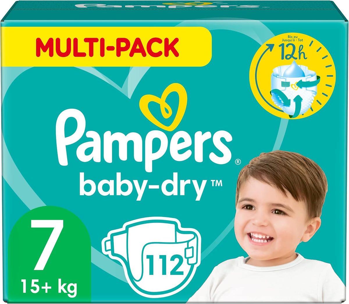 Pampers Baby Nappies Size 7 (15+ kg/33 Lb), Baby-Dry, 112 Nappies, MONTHLY SAVINGS PACK, Up To 12h Of All-Around Leakage Protection