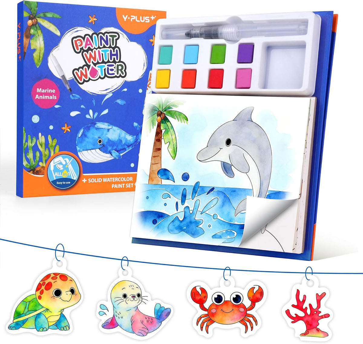 YPLUS Watercolour Activity Book with 8 Paint Colours — Sea Animals
