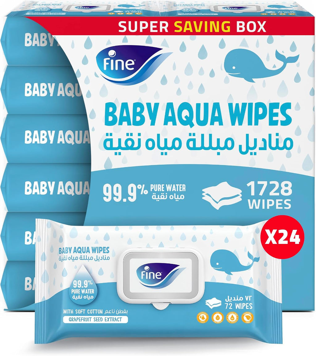 Fine Baby Aqua Wipes – Pack of 24 x 72 Sheets (1, 728 Wipes), 99.9% Pure Water & Soft Cotton (1,728 Wipes) — front product image