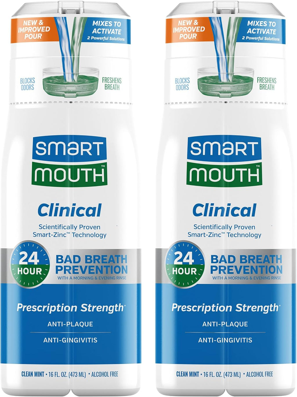 SmartMouth Clinical Zinc Activated Mouthwash, Clean Mint, 16 fl oz, 2-Pack — front product image