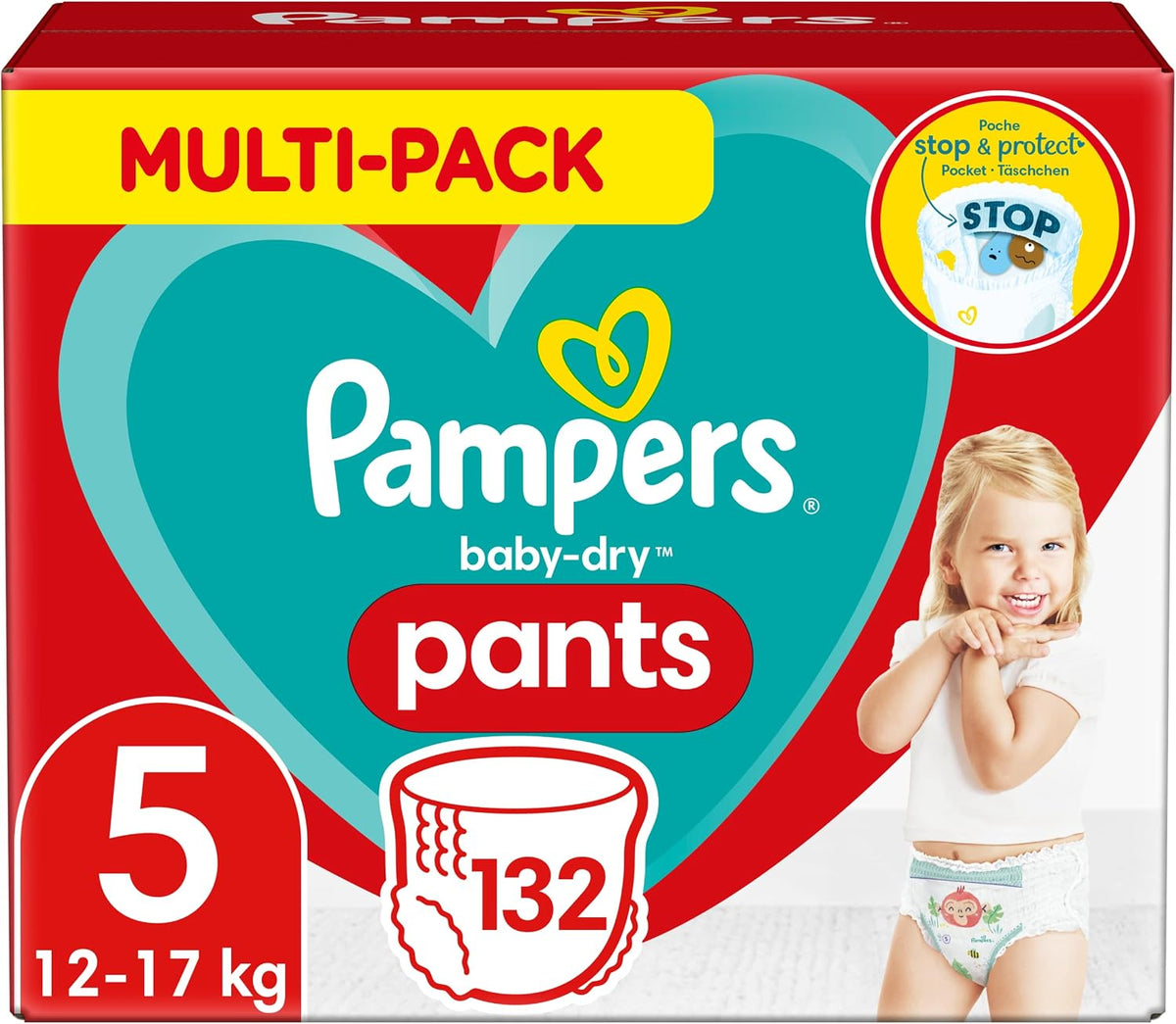 Pampers Baby-Dry Size 5, 132 Nappy Pants, (12-17kg), Easy-On for Up to 12 Hours of Breathable Dryness, Monthly Pack- Packaging may vary