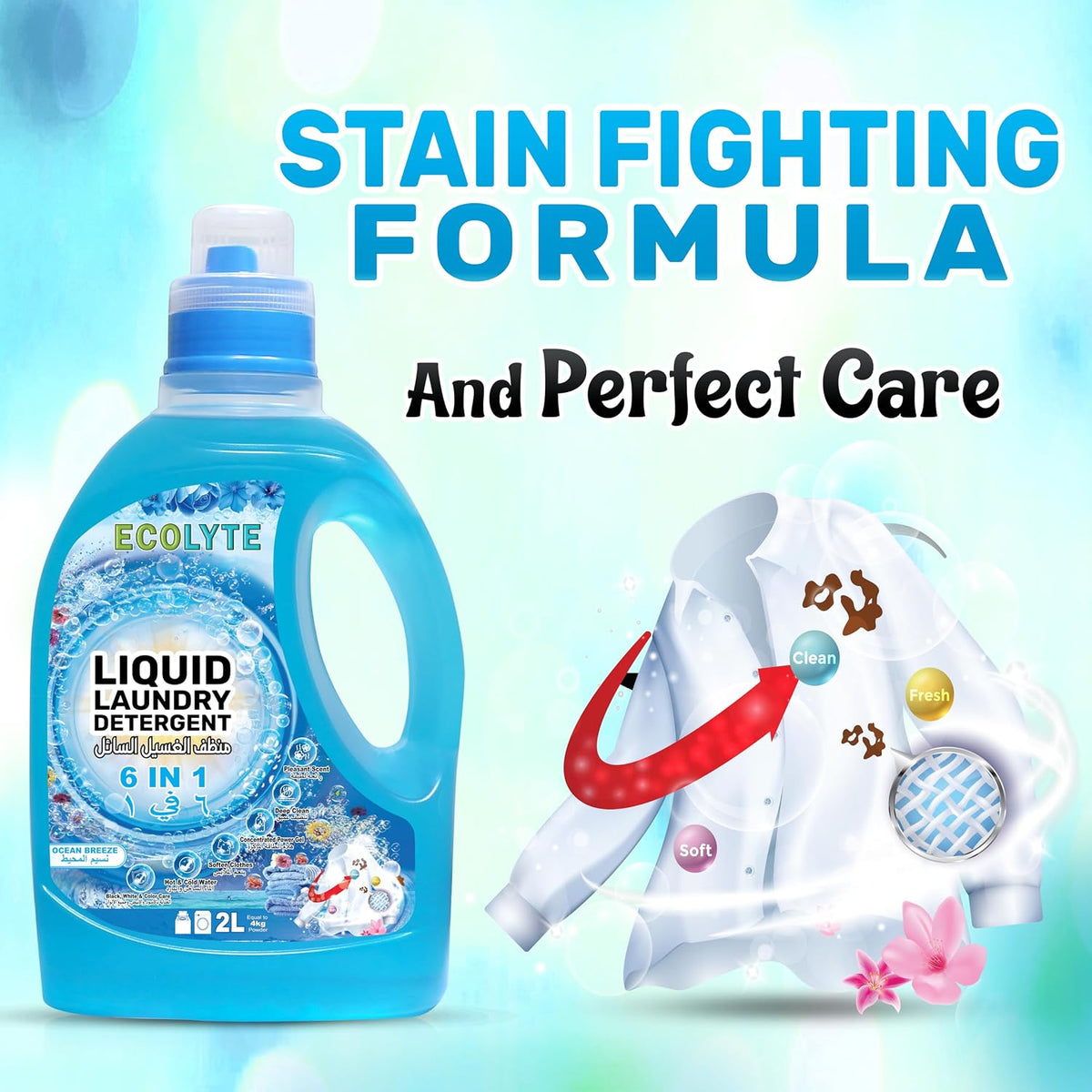 ECOLYTE+ Liquid Laundry Detergent for All Washing Machines, 6 in 1 Deep Clean Technology, Power Gel, Color Care, Perfect Cleanliness & Long-Lasting Freshness - (Ocean Breeze, 2 Liter) — additional view 5