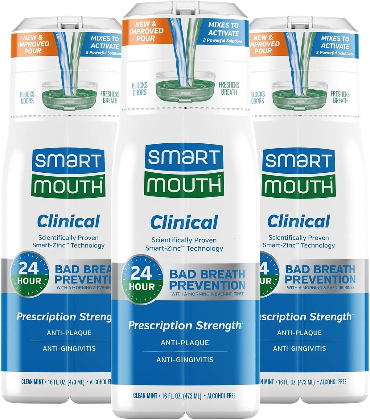 SmartMouth Clinical Zinc Activated Mouthwash, Clean Mint, 16 fl oz, 3-Pack — front product image