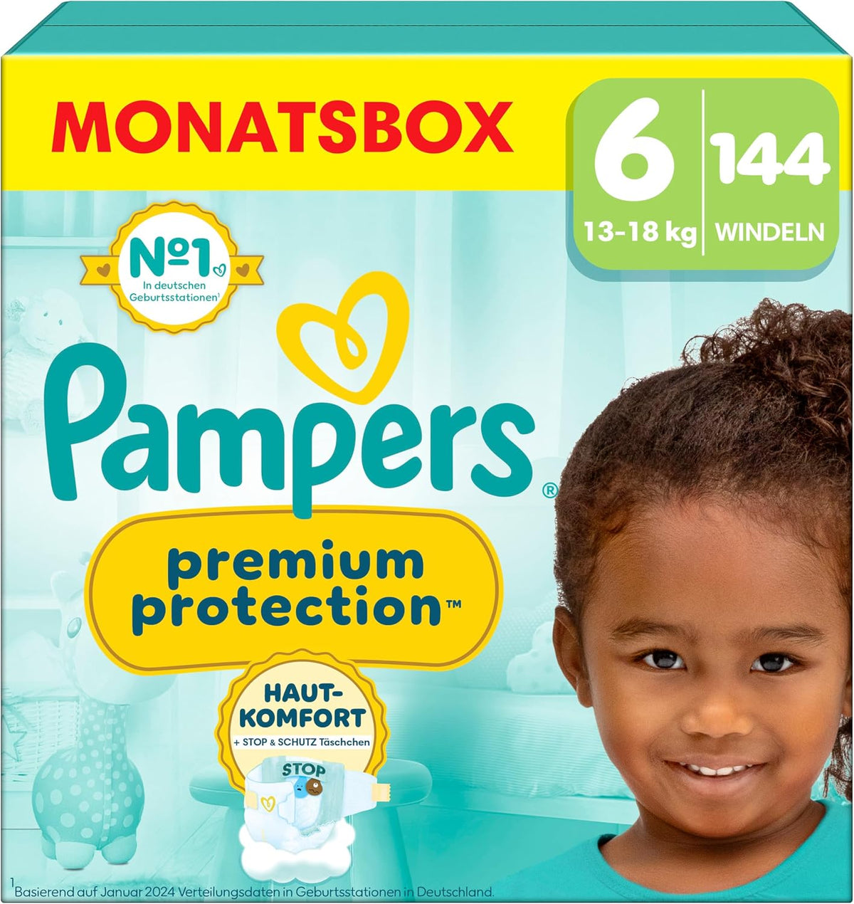 Pampers Premium Protection Size 6, x144 Nappies, 13kg+, Our N°1 for Comfort & Protection for Sensitive Skin