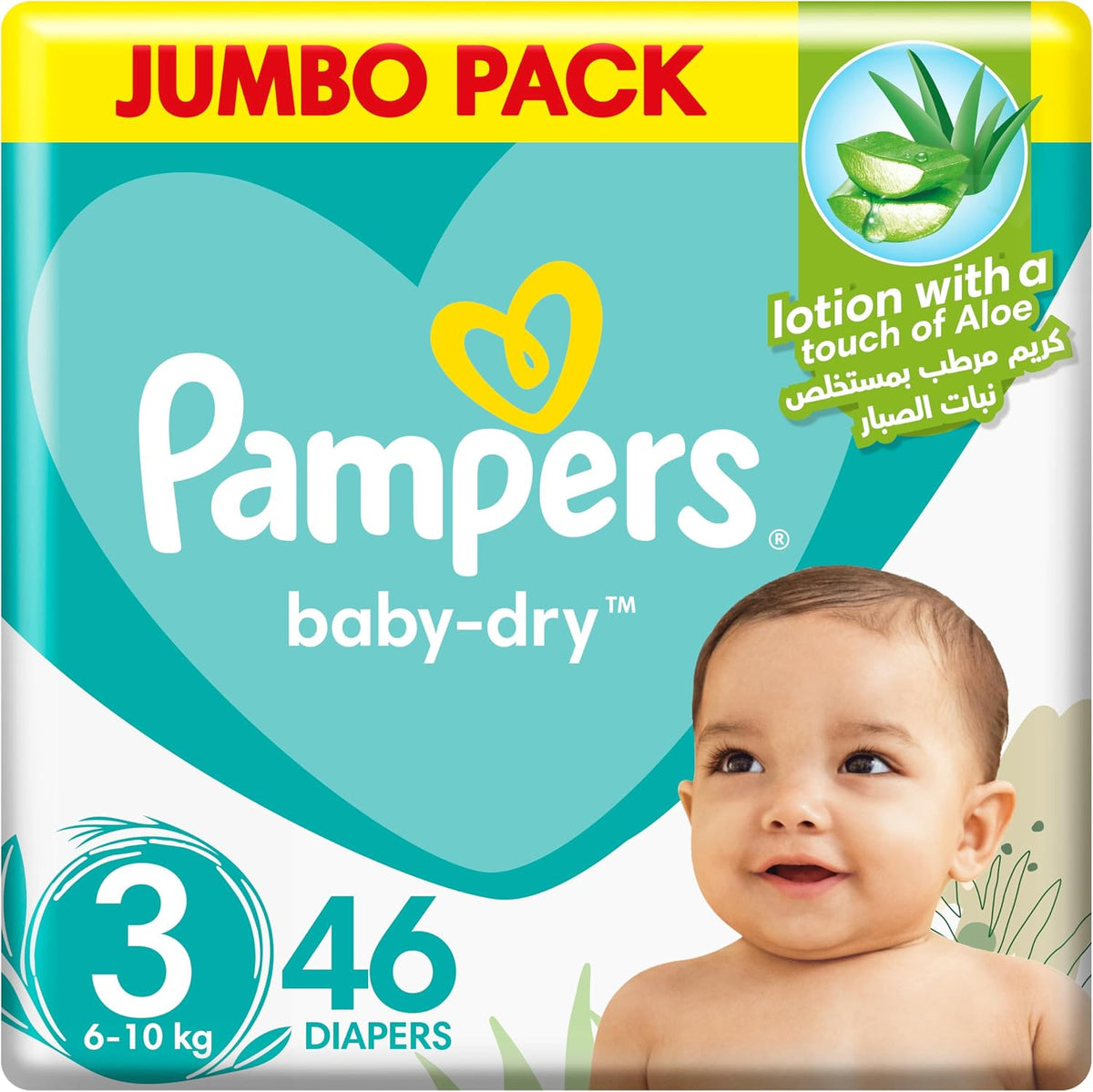 Pampers Baby-Dry Taped Diapers with Aloe Vera Lotion, up to 100% Leakage Protection, Size 3, 6-10kg, 46 Count