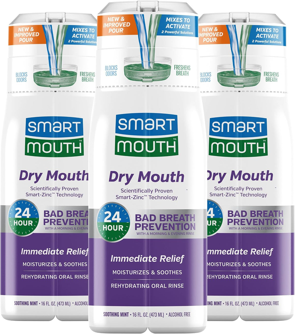 SmartMouth Dry Mouth Activated Rehydrating Mouthwash, 16 fl oz Each, 3 Pack — front product image