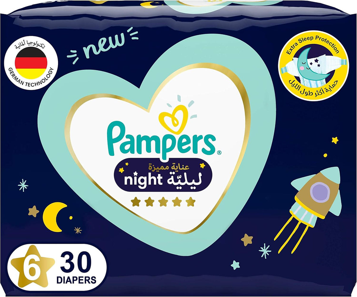 Pampers Premium Care Extra Sleep Protection Night Diapers, Size 6, 14+Kg, 30 Diaper Count