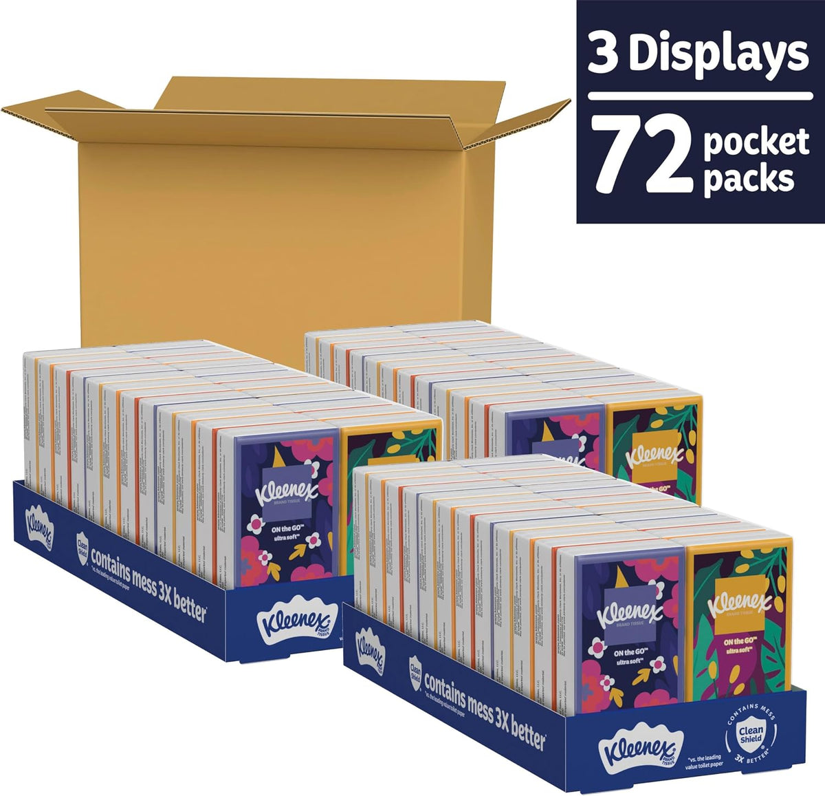 Kleenex On-The-Go Facial Tissues, 72 On-The-Go Packs (3 Trays of 24 Packs) (720 Total Tissues) — additional view 2