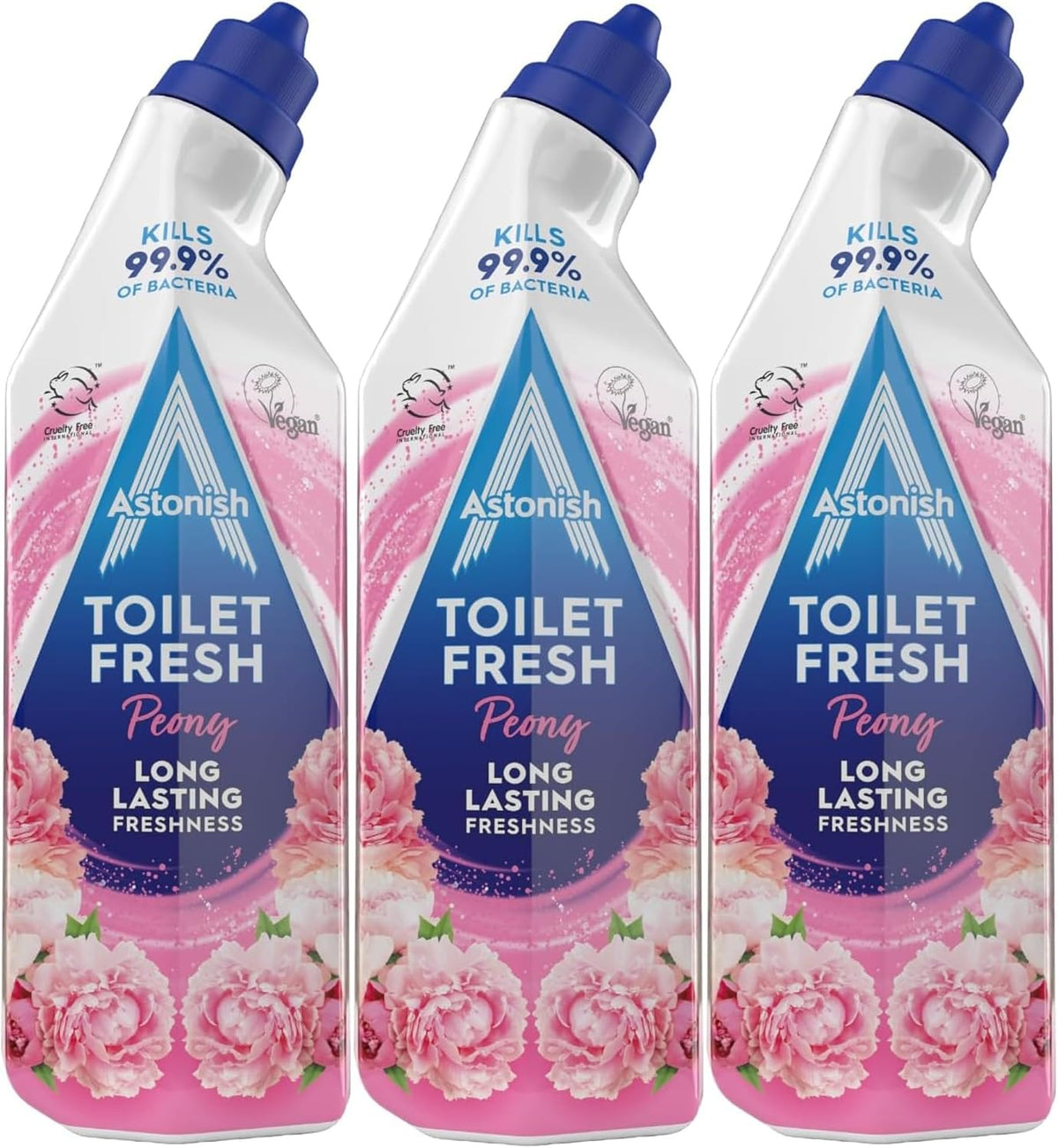 Astonish Toilet Fresh - Peony - Long Lasting Fragrance - Kills 99.9% Bacteria - 360 Degree - Easy Cleaning - Prevent Limescale Buildup - Fast Working - Cruelty Free - Vegan -750ML * 3 Pack — front product image