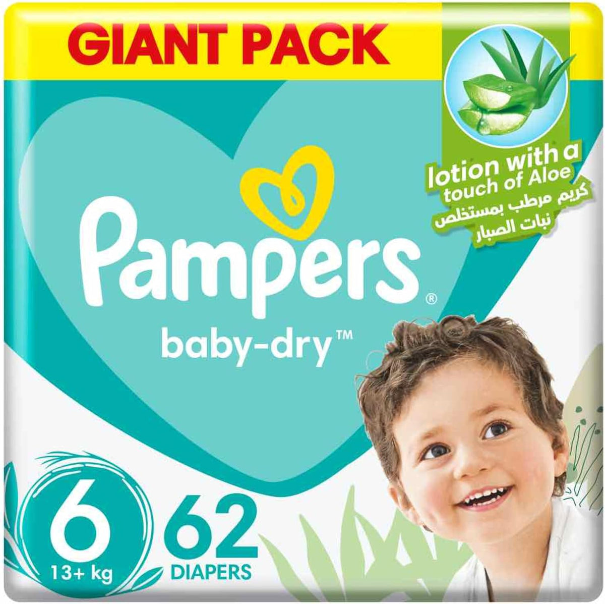 Pampers Baby-Dry Taped Diapers with Aloe Vera Lotion, up to 100% Leakage Protection, Size 6, 13+kg, 62 Count