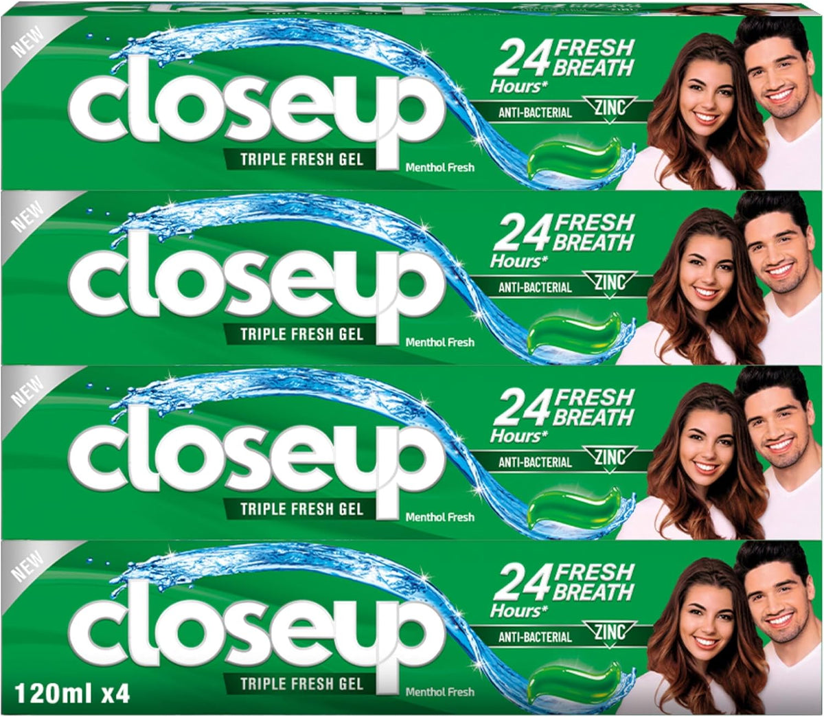 Closeup Triple Fresh Gel Toothpaste, Menthol Fresh, for 24HR fresh breath, 120ml x 4 — front product image