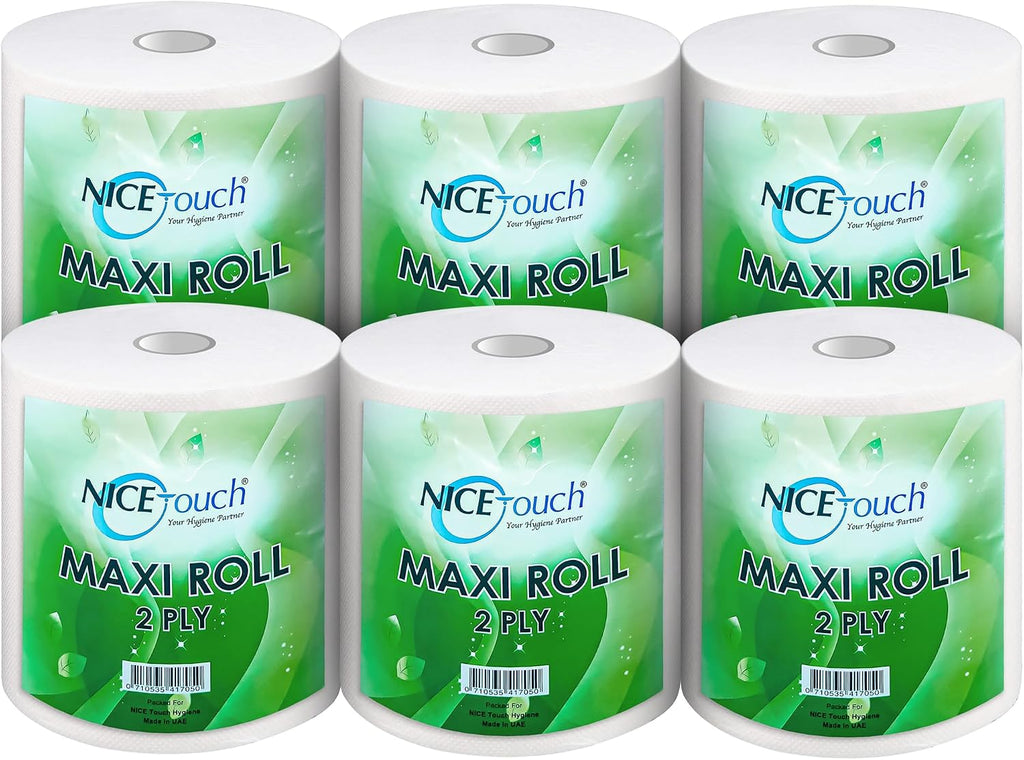 Nice Touch 2 Ply Kitchen Paper Towels, 6 Maxi Rolls with 600 Sheets Each 500g, Diamond Embossed Sheets with High Absorbency & Ultra Soft Texture — front product image