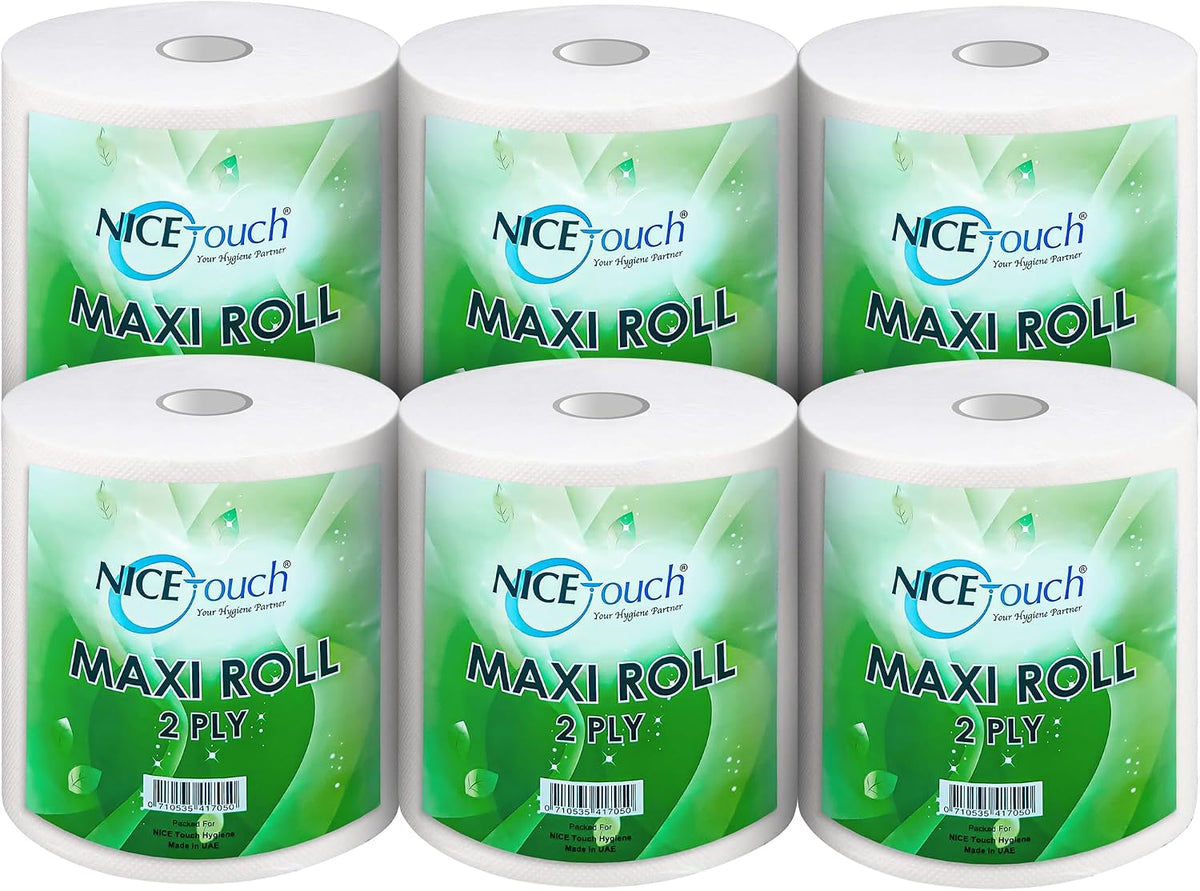 Nice Touch 2 Ply Kitchen Paper Towels, 6 Maxi Rolls with 600 Sheets Each 500g, Diamond Embossed Sheets with High Absorbency & Ultra Soft Texture — front product image