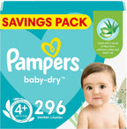 Pampers Baby-Dry Taped Diapers with Aloe Vera Lotion, up to 100% Leakage Protection, Size 4+, 10-15kg, 296 Count