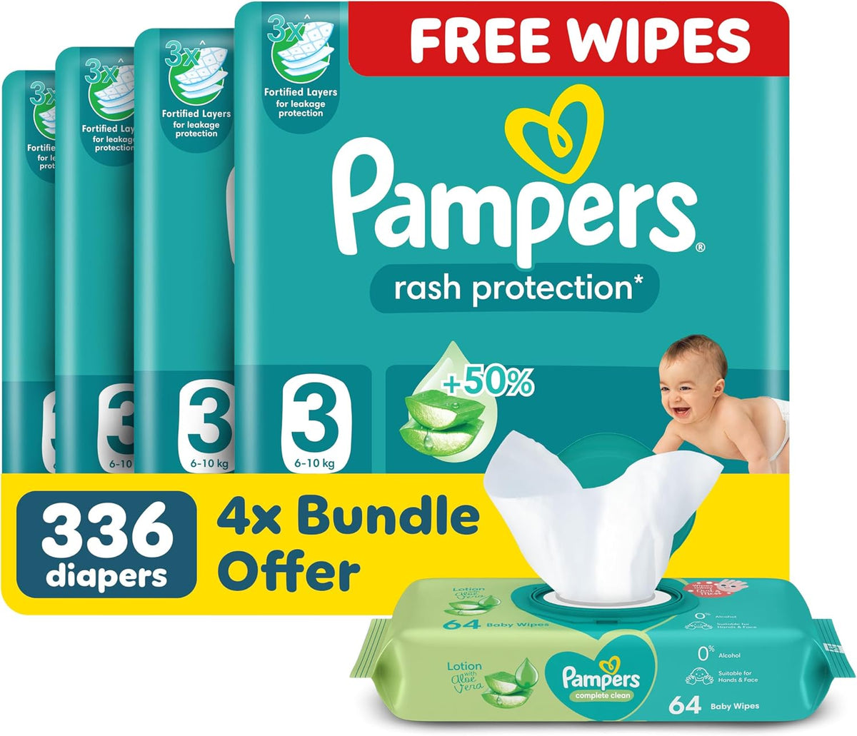 Pampers Rash Protection Taped Diapers, Size 3, 6-10kg, Giant Pack, 336 Count + Baby Wipes, with Aloe Vera Lotion, 64 Wipe Count