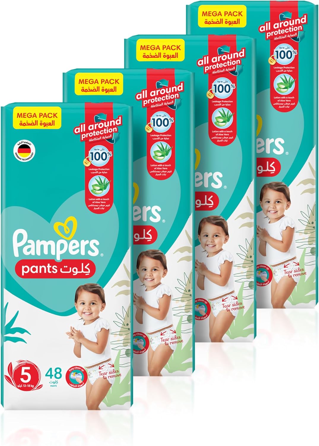 Pampers Baby-Dry Pants Diapers with Aloe Vera Lotion, 360 Fit & up to 100% Leakproof, Size 5, 12-18kg, 4 Mega Packs, 192 Count