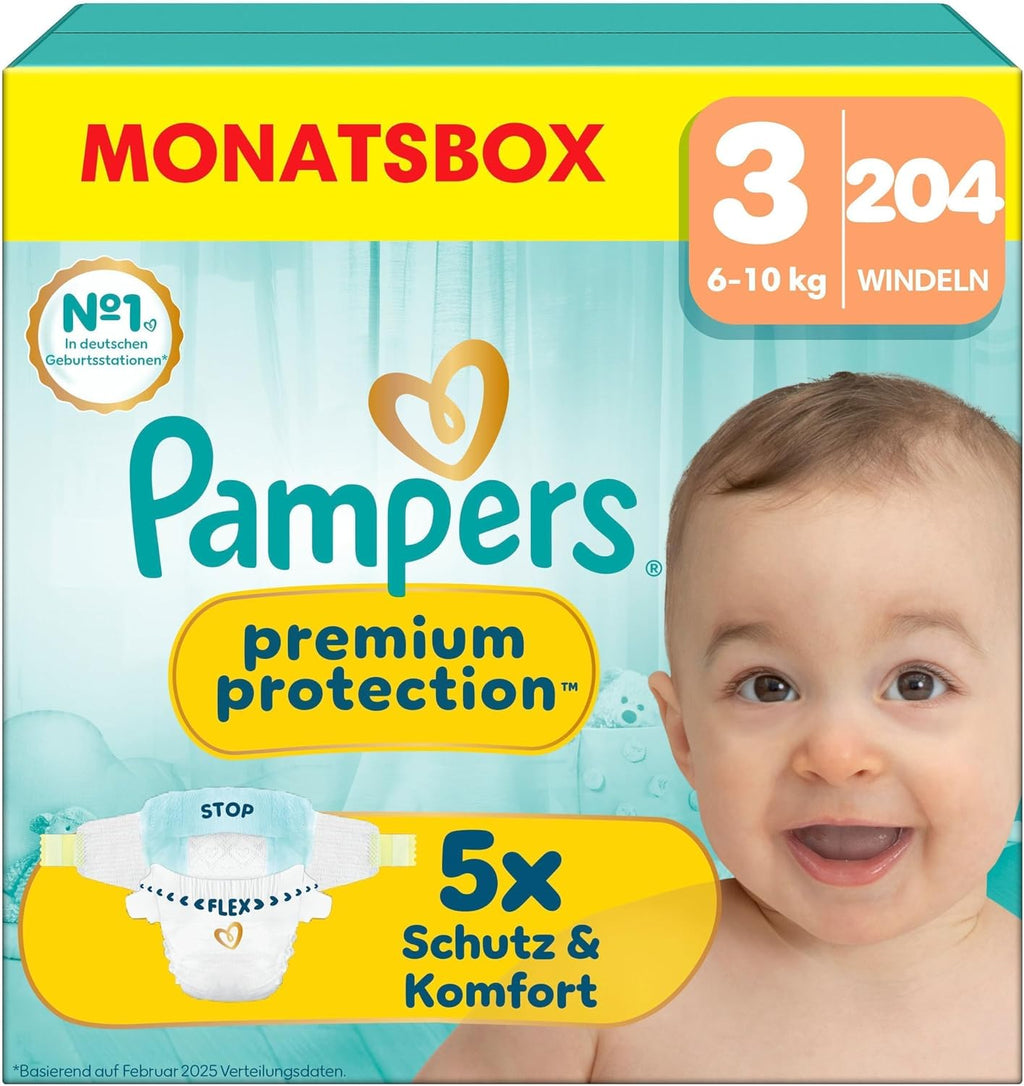 Pampers Premium Protection Size 3, Nappies x204, 6kg - 10kg, Our No.1 for Comfort & Protection for Sensitive Skin